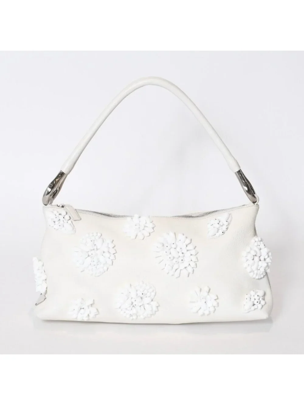 Prada Hobo Handbag Beads Leather White